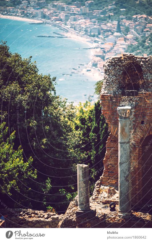 Detailansicht von Taormina, Sizilien, Italien Tourismus Meer Insel Berge u. Gebirge Haus Theater Landschaft Pflanze Kaktus Vulkan Küste Dorf Stadt Ruine Gebäude