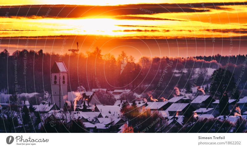 Winterdorf Wohnung Haus Weihnachten & Advent Wolken Sonne Sonnenaufgang Sonnenuntergang Eis Frost Baum Mengen Dorf Kleinstadt Stadt Altstadt Kirche Kamin