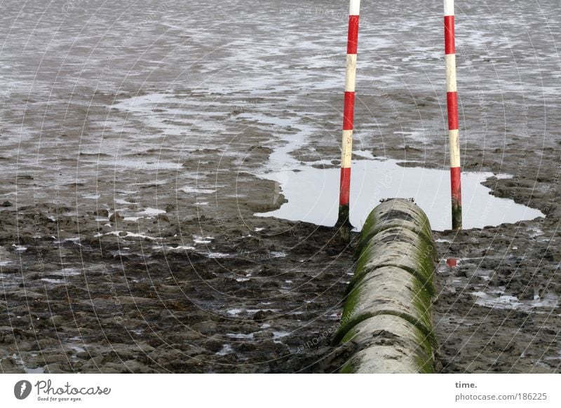 Nichtschwimmerbecken Strand Wasser Küste Schilder & Markierungen dreckig Umweltverschmutzung Eisenrohr Schlamm Schlick rot-weiß Warnfarbe Stab zwei Abfluss