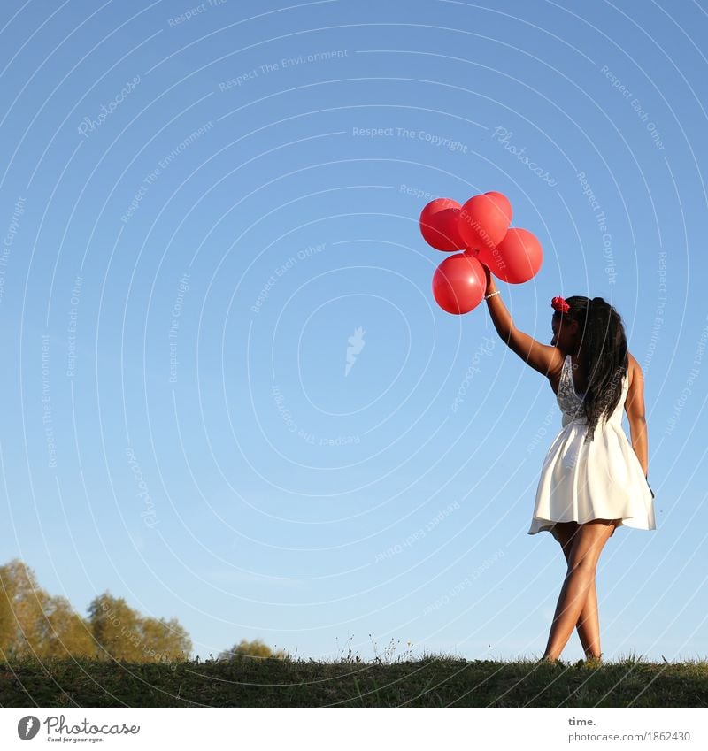 . feminin Frau Erwachsene 1 Mensch Himmel Wolkenloser Himmel Herbst Schönes Wetter Wiese Kleid Schmuck schwarzhaarig langhaarig Luftballon Bewegung gehen stehen