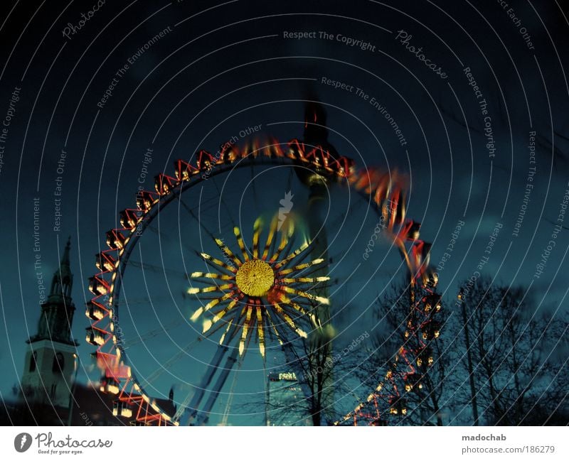 Glücksrad Stil Feste & Feiern Jahrmarkt Kultur Riesenrad Farbfoto mehrfarbig Außenaufnahme Menschenleer Textfreiraum oben Abend Dämmerung Nacht Licht