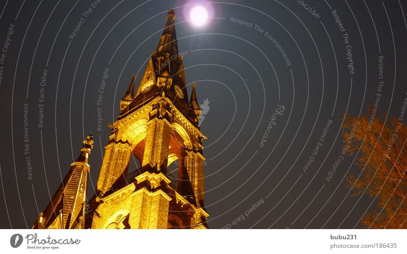 erleuchtet Himmel Nachthimmel Stern Mond Nordlicht Dresden Kirche Sehenswürdigkeit Stein Ornament Kreuz beobachten Denken leuchten alt ästhetisch hell