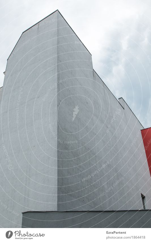 Red Eck Himmel Wolken Stadt Haus Bauwerk Architektur Mauer Wand Fassade Fenster Beton Linie kalt grau rot Hinterhof deutlich minimalistisch