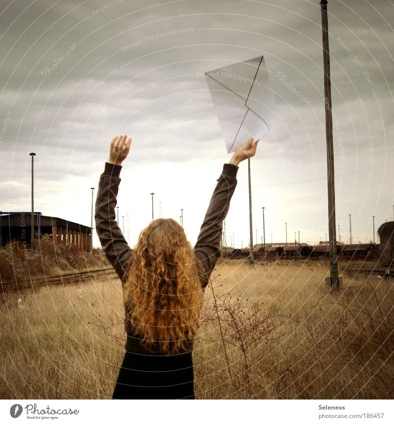 airmail Haare & Frisuren feminin Junge Frau Jugendliche Arme Hand 1 Mensch Umwelt Natur Landschaft Himmel Horizont Herbst Gras Sträucher Bahnhof