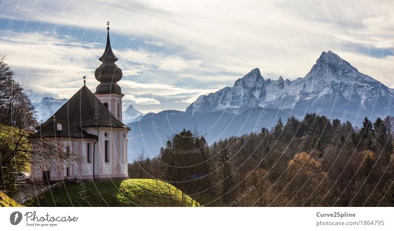 Kirche Maria Gern Landschaft Himmel Wolken Herbst Eis Frost Schnee Wiese Wald Hügel Felsen Alpen Berge u. Gebirge Gipfel Schneebedeckte Gipfel Dorf Zeichen