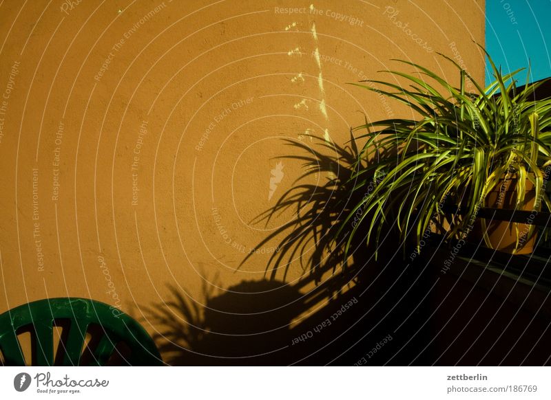 Raucherecke Balkon Loggia Häusliches Leben Wohnung Pflanze Balkonpflanze Grünpflanze Stuhl stapelstuhl Gartenstuhl Möbel Gartenmöbel Wand Menschenleer