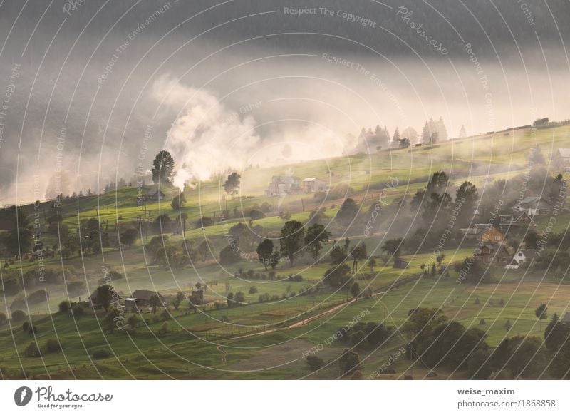 Alpendorf in Bergen. Rauch, Feuer und Dunst Ferien & Urlaub & Reisen Ausflug Ferne Freiheit Berge u. Gebirge Haus Umwelt Natur Landschaft Pflanze Herbst Nebel