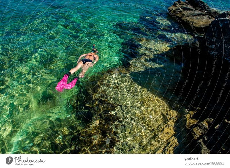 Schöne Frau im Bikini Schnorchelt im Wasser an der Küste sportlich Erotik Schnorcheln Ferien & Urlaub & Reisen Aktion Erholung Fitness Schwimmhilfe schön