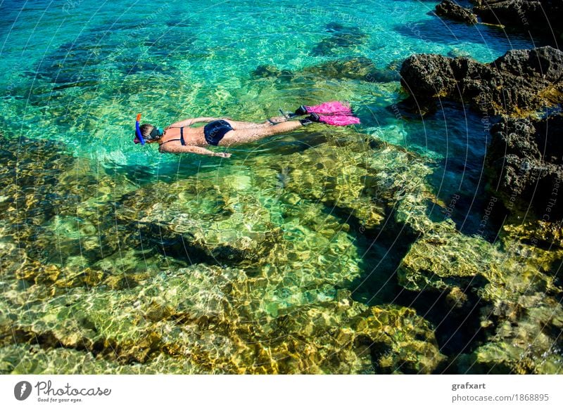 Schöne Frau im Bikini Schnorchelt im Wasser an der Küste sportlich Erotik Schnorcheln Ferien & Urlaub & Reisen Aktion Erholung Fitness Schwimmhilfe schön