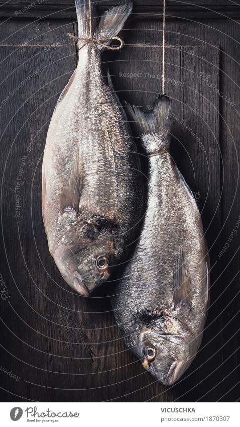 Zwei rohe Fische hängen am Seil Lebensmittel Ernährung Bioprodukte Diät Stil Design Gesunde Ernährung Freizeit & Hobby Restaurant Dorado hängend Angeln