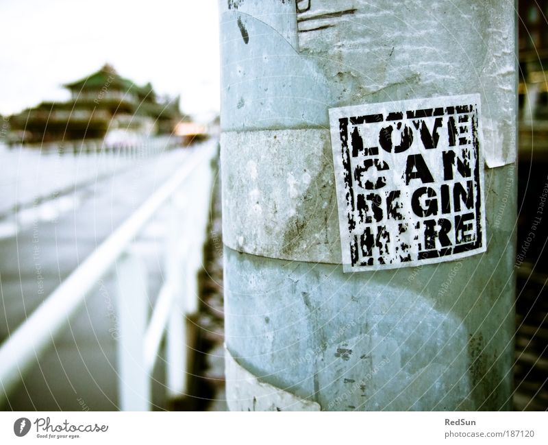 ...or end here. Haus Valentinstag Künstler Kunstwerk Jugendkultur schlechtes Wetter Nordsee Niederlande Brücke Laternenpfahl Stahl Kunststoff Graffiti