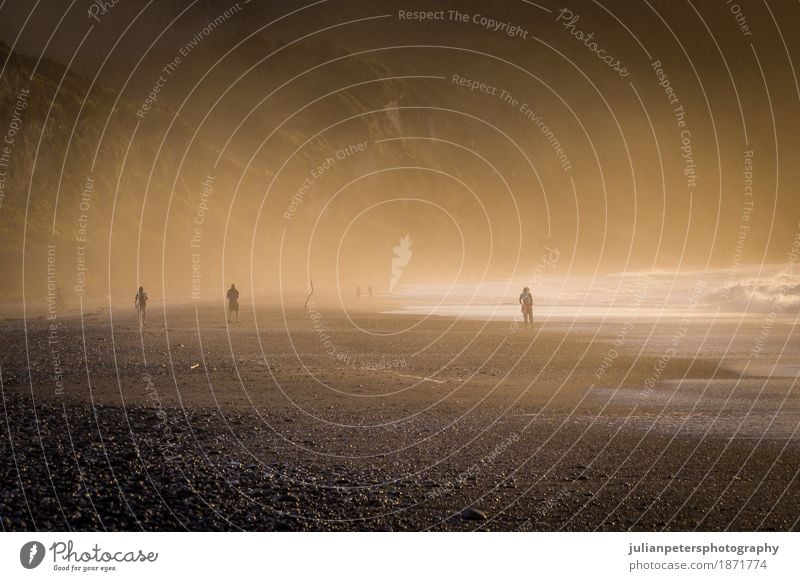 Sonnenuntergang am nebelhaften Pebble Beach in Neuseeland Erholung Ferien & Urlaub & Reisen Strand Meer Insel Natur Landschaft Sand Himmel Horizont Nebel Felsen