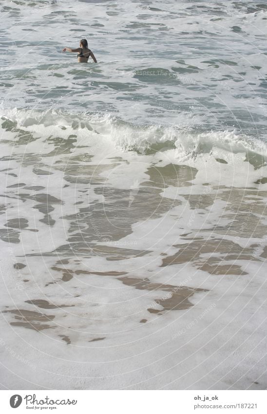 hinaus aufs meer Wassersport Frau Erwachsene Urelemente Wellen Meer Schwimmen & Baden frei frisch Unendlichkeit kalt natürlich stark grau weiß Kraft