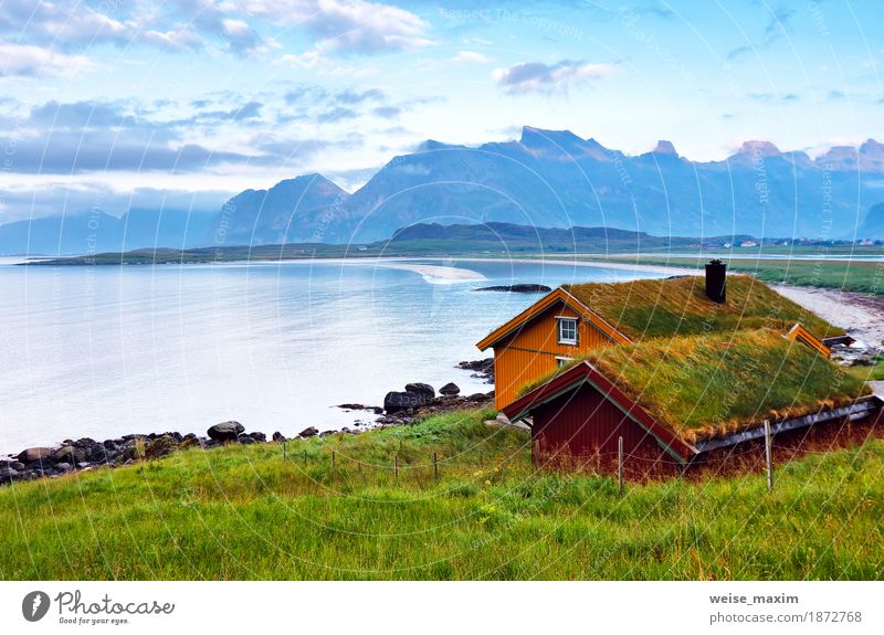 Norwegen Insel im Fjord. Bewölkter nordischer Tag Erholung Ferien & Urlaub & Reisen Tourismus Ausflug Ferne Expedition Camping Sommer Strand Meer