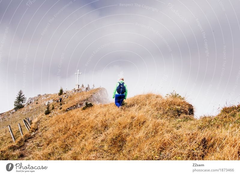 Gipfelstürmerin Berge u. Gebirge wandern Sport Frau Erwachsene Natur Landschaft Sonne Herbst Schönes Wetter Nebel Alpen gehen gigantisch natürlich Kraft Mut