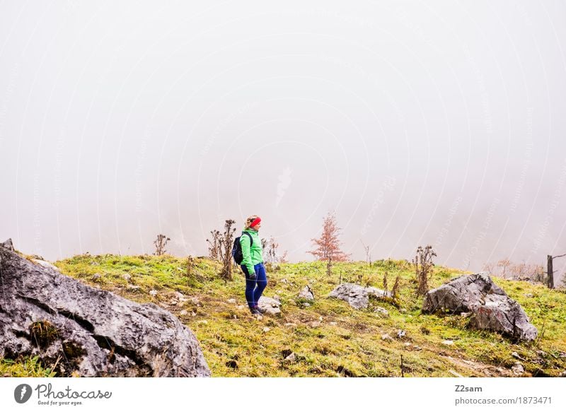 Allein auf weiter Flur Freizeit & Hobby Berge u. Gebirge wandern Sport Junge Frau Jugendliche Erwachsene 18-30 Jahre Natur Landschaft Herbst schlechtes Wetter