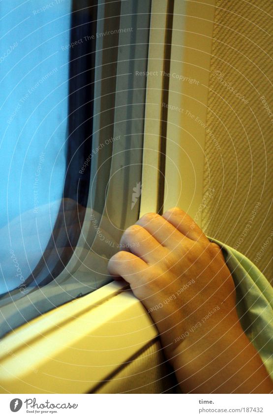 durchhalten Flugzeug im Flugzeug fliegen Luftverkehr Fenster Hand Sitz Glas Tuch gelb Finger festhalten Halt Innenaufnahme Verglasung Sicherheit Wärme hoch