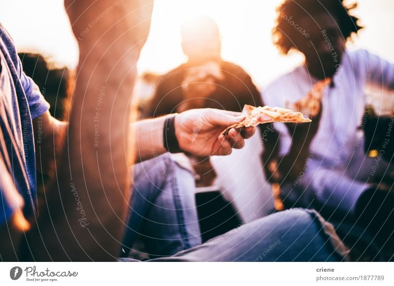 Freunde, die Pizza am Picknick im Sonnenuntergang essen Lebensmittel Essen Abendessen Fastfood Italienische Küche Lifestyle Abenteuer Sommer Mensch Freundschaft