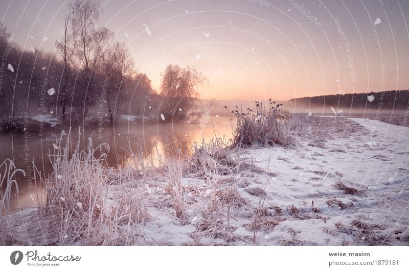 Nebelhafte Dämmerung des Winters auf dem Fluss. Schneeflocken, Schneefall Ferien & Urlaub & Reisen Tourismus Abenteuer Freiheit Natur Landschaft Luft Wasser