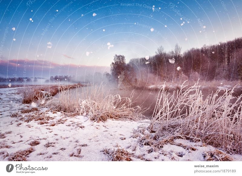 Nebelhafte Dämmerung des Winters auf dem Fluss. Schneeflocken, Schneefall Ferien & Urlaub & Reisen Tourismus Ausflug Abenteuer Freiheit Winterurlaub wandern