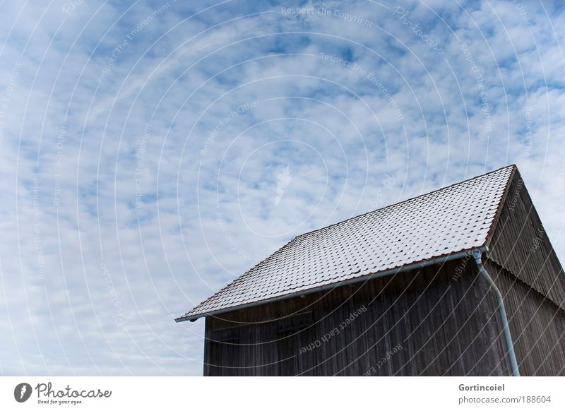 Scheuer Winter Schnee Hütte Scheune Himmel Wolken Gebäude Architektur kalt Holzhütte Dach Altokumulus floccus Verzerrung Perspektive Wolkenhimmel Wolkenfeld