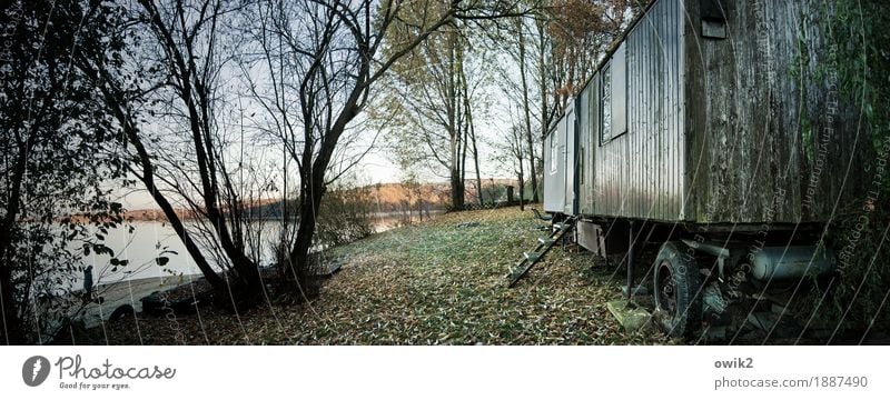 Auswärts Umwelt Natur Landschaft Pflanze Horizont Schönes Wetter Baum Gras Seeufer Bauwagen trashig ruhig Panorama (Bildformat) Ferne Idylle friedlich abgelegen