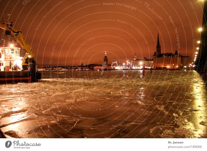 Stockholm building lot Industrie Wasser Nachthimmel Winter Stadt Brücke bauen Kraft Leben Farbfoto Außenaufnahme Menschenleer Licht Totale