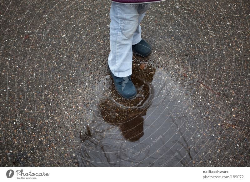 Pfützenplatschen Kinderspiel Mädchen Beine Fuß 3-8 Jahre Kindheit Wasser Herbst Winter Wetter schlechtes Wetter Regen Beton gehen stehen blau braun grau Freude