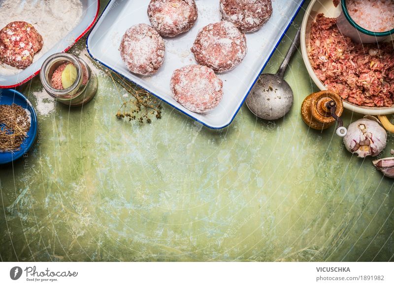 Fleisch Buletten Zubereitung mit Zutaten Lebensmittel Kräuter & Gewürze Öl Ernährung Mittagessen Abendessen Bioprodukte Geschirr Schalen & Schüsseln Pfanne