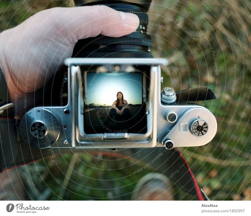 Bild in Bild Technologie- Portrait Stil Freude Fotokamera Lichtschacht Junge Frau Jugendliche 18-30 Jahre Erwachsene Schönes Wetter Gras Garten Dach brünett