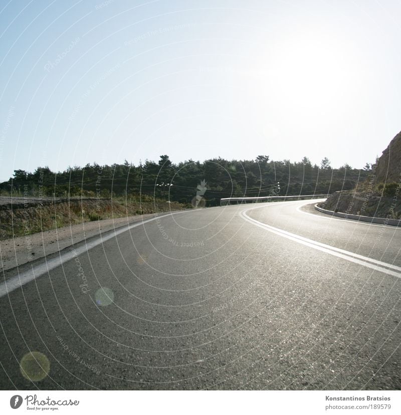 Südkurve Himmel Sonne Sommer Schönes Wetter Baum Sträucher Verkehr Verkehrswege Straßenverkehr Autofahren Landstraße Leitplanke Kurve leuchten frei hell trocken