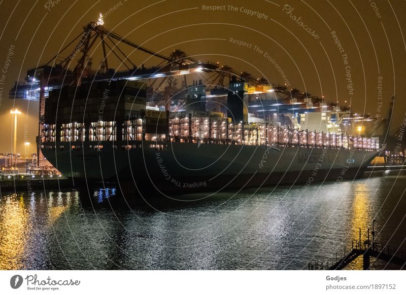 Containerschiff im Hafen Hamburg am Containerterminal Landschaft Winter Küste Seeufer Fluss Stadt Hauptstadt Hafenstadt Menschenleer Verkehrsmittel