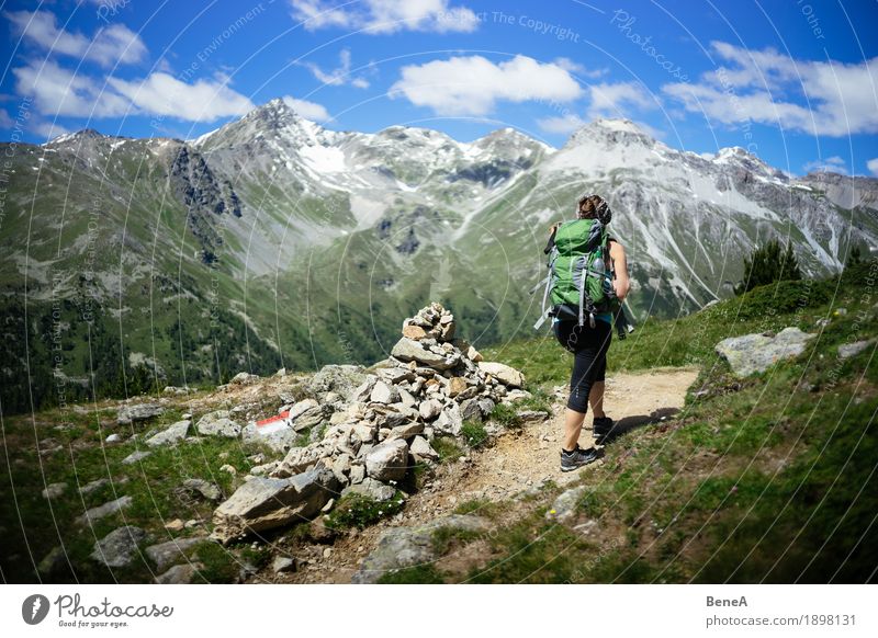 Frau mit Rucksack macht Bergwanderung im Vinschgau, Italien Sport Mensch Erwachsene Natur Erholung Fitness Freizeit & Hobby Ferien & Urlaub & Reisen alpin