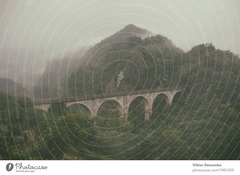 Die alte Steinbogen-Eisenbahnbrücke schön Ferien & Urlaub & Reisen Tourismus Berge u. Gebirge Natur Landschaft Himmel Nebel Baum Park Wald Hügel Brücke grün Tal