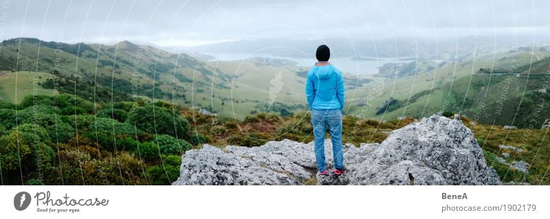 Frau schaut von Felsen auf Akaroa Bay, Neuseeland Mensch Erwachsene Natur entdecken Erholung Freiheit Freizeit & Hobby Ferien & Urlaub & Reisen Ferne Aktion