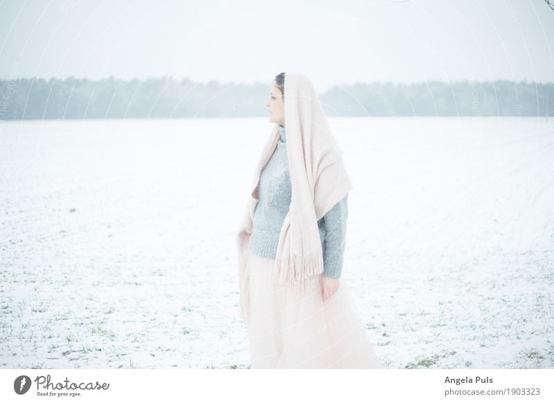 rosé winter feminin Frau Erwachsene 1 Mensch 30-45 Jahre Natur Landschaft Winter Nebel Schnee Feld Schal Rock Pullover beobachten Blick kalt grau rosa weiß