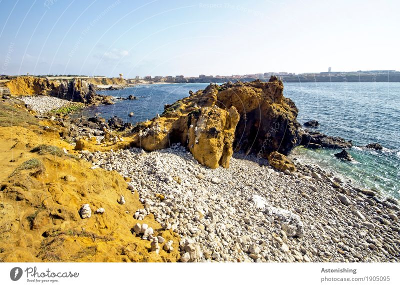 Küste bei Peniche Umwelt Natur Landschaft Erde Wasser Himmel Wolkenloser Himmel Horizont Sommer Wetter Schönes Wetter Pflanze Gras Hügel Felsen Wellen Meer