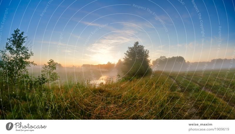 Nebelhafter Sonnenaufgang des Sommers auf dem Fluss. Nebeliger Fluss morgens Ferien & Urlaub & Reisen Ausflug Abenteuer Natur Landschaft Himmel Schönes Wetter