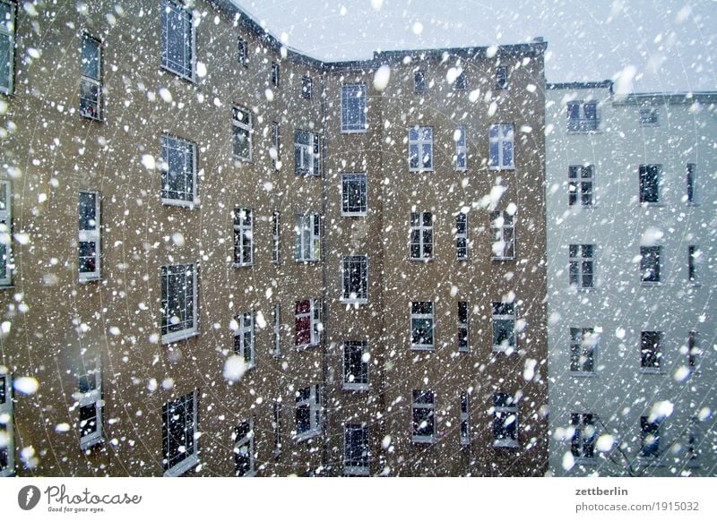 Schneegestöber Brandmauer Fassade Fenster Haus Hinterhof Hof Innenhof Stadtzentrum Mauer Mehrfamilienhaus Menschenleer Stadthaus Niederschlag Schneefall