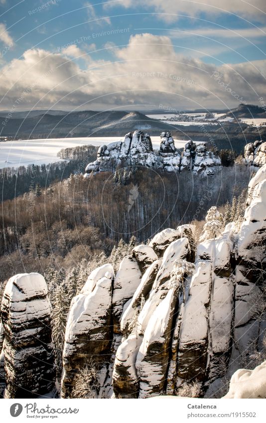 Schlammsteine, Elbsandsteingebirge wandern Landschaft Pflanze Luft Himmel Wolken Winter Eis Frost Schnee Baum Wald Berge u. Gebirge Stein kalt schön blau braun