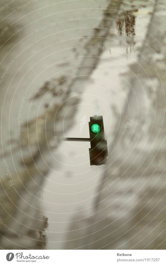 Green streetlight reflextion Umwelt Wasser Herbst Winter Unwetter Sturm Gewitter Eis Frost Schnee Schneefall Stadt Verkehr Straßenverkehr Autofahren