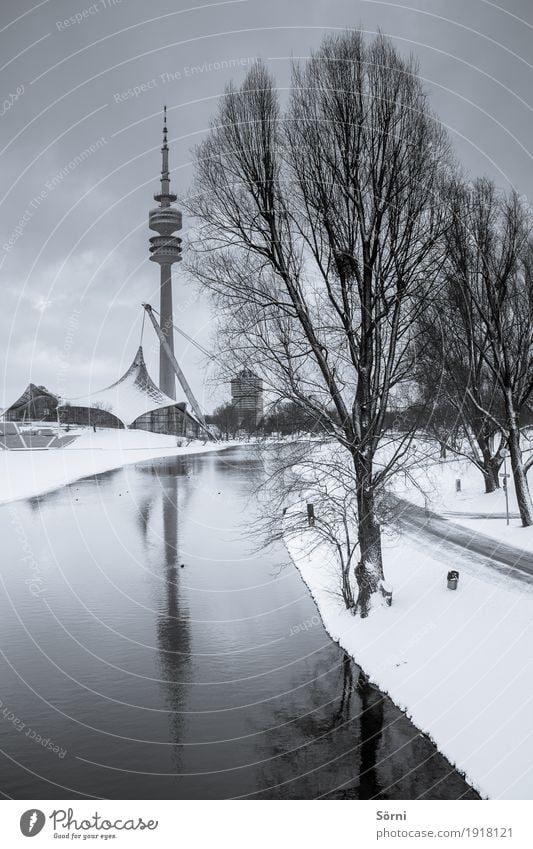 kalt und grau 2 Tourismus Ausflug Sightseeing Städtereise Winter Schnee Olympia Olympiapark Fernsehturm See Fluss Baum Frost Eis München Bayern grauenvoll