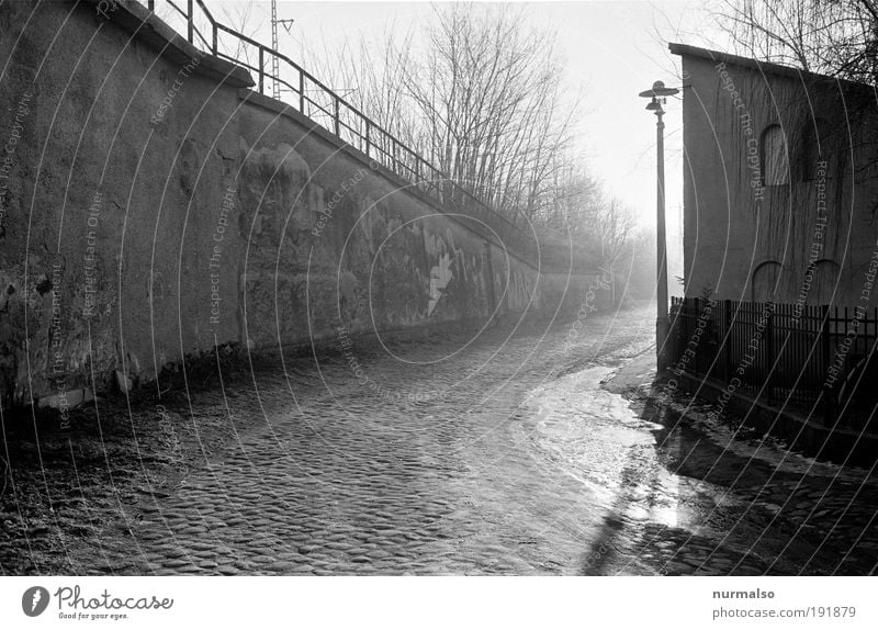 ungewisser Weg Kunst Umwelt Klima Schönes Wetter Nebel Menschenleer Industrieanlage Bahnhof Brücke Gebäude Mauer Wand Verkehr Straße Bewegung genießen