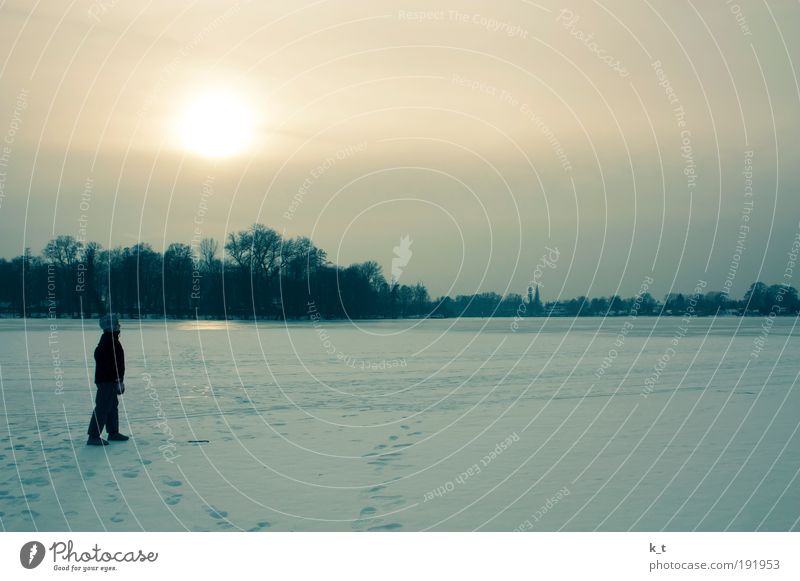 Auf Wasser laufen Ausflug Freiheit Winter Schnee Mädchen 1 Mensch 8-13 Jahre Kind Kindheit Sonnenaufgang Sonnenuntergang Eis Frost Fluss Havel Erholung Blick