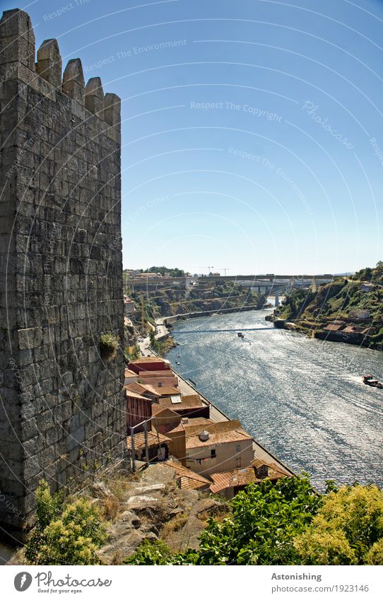 alter Turm am Douro Umwelt Natur Landschaft Luft Wasser Himmel Horizont Sommer Wetter Schönes Wetter Pflanze Baum Hügel Flussufer Porto Portugal Stadt Haus