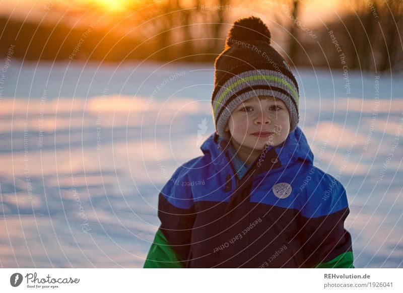 Wintersonne Mensch maskulin Kind Kleinkind Junge Gesicht 1 1-3 Jahre 3-8 Jahre Kindheit Umwelt Natur Schnee Jacke Mütze Lächeln kalt klein natürlich niedlich