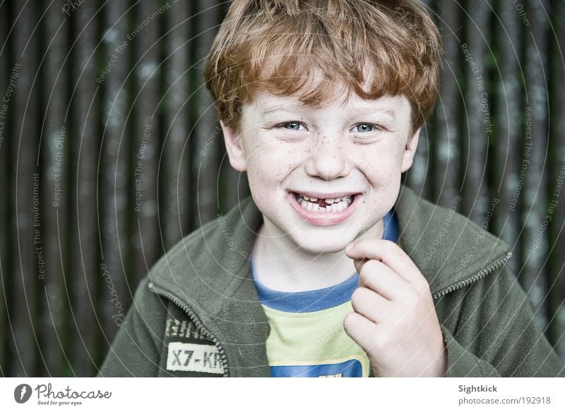 Wenn die Zahnfee grüßt... Kind Junge Kindheit Zähne 1 Mensch 3-8 Jahre T-Shirt Jacke Stoff rothaarig lachen frech Fröhlichkeit listig lustig niedlich grün