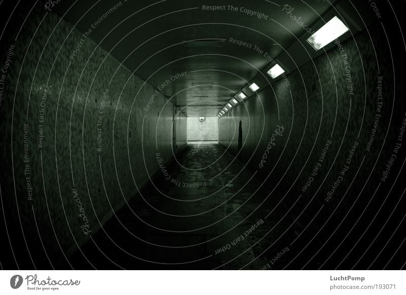 Bessere Zeiten Lampenlicht Neonlicht Angst Hoffnung schwarz grün Tunnel Fliesen u. Kacheln beklemmend Quadrat Fluchtpunkt Gewalt Fußspur Lichtschein leuchten