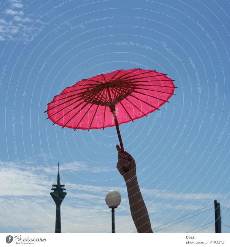 Dyusserudorufu Arme Hand 1 Mensch Veranstaltung Stadt Skyline Turm Wahrzeichen hoch rosa Freude Sonnenschirm Papierschirm japanisch Fernsehturm Düsseldorf