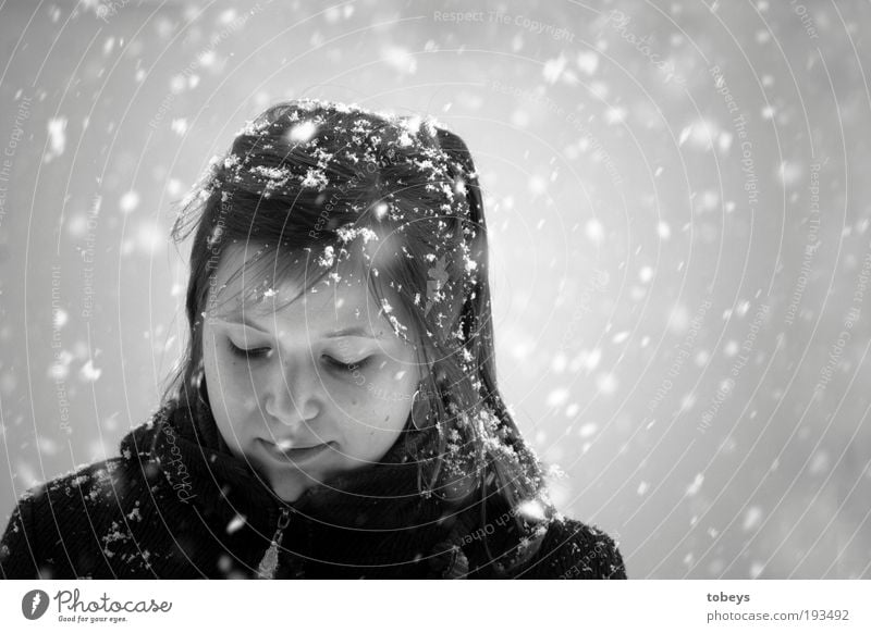 Flockenzauber elegant schön Winter Schnee Winterurlaub feminin Junge Frau Jugendliche 18-30 Jahre Erwachsene Denken frieren kalt hell Schneefall Schwarzweißfoto